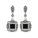 Sterling Silver 925 Earring Embedded With Natural Black Agate And Marcasite Stones