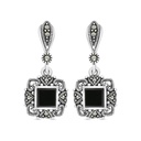 Sterling Silver 925 Earring Embedded With Natural Black Agate And Marcasite Stones