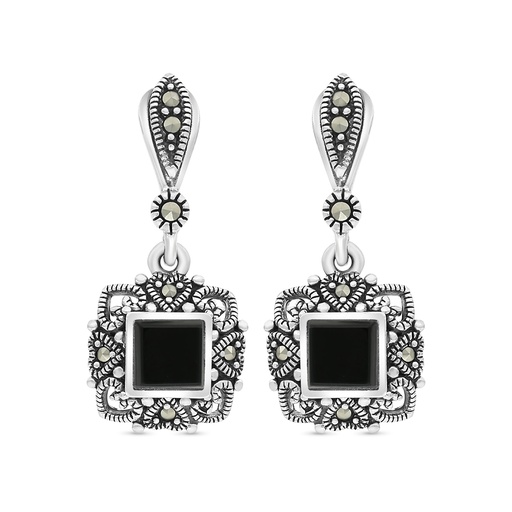 [EAR04MAR00ONXA360] Sterling Silver 925 Earring Embedded With Natural Black Agate And Marcasite Stones