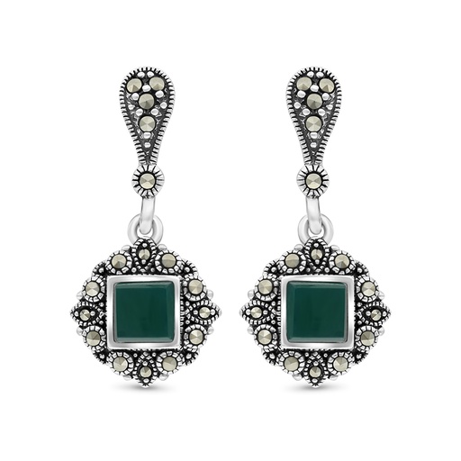 [EAR04MAR00GAGA362] Sterling Silver 925 Earring Embedded With Natural Green Agate And Marcasite Stones