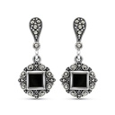 Sterling Silver 925 Earring Embedded With Natural Black Agate And Marcasite Stones