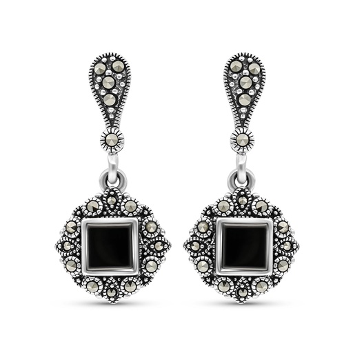 [EAR04MAR00ONXA362] Sterling Silver 925 Earring Embedded With Natural Black Agate And Marcasite Stones