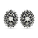 Sterling Silver 925 Earring Embedded With Natural White Shell And Marcasite Stones