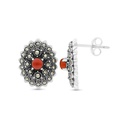 Sterling Silver 925 Earring Embedded With Natural Aqiq And Marcasite Stones