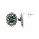 Sterling Silver 925 Earring Embedded With Natural Green Agate And Marcasite Stones