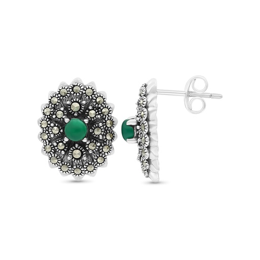 [EAR04MAR00GAGA363] Sterling Silver 925 Earring Embedded With Natural Green Agate And Marcasite Stones