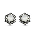 Sterling Silver 925 Earring Embedded With Natural White Shell And Marcasite Stones