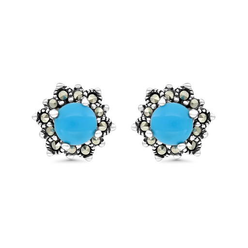 [EAR04MAR00TRQA364] Sterling Silver 925 Earring Embedded With Natural Processed Turquoise And Marcasite Stones