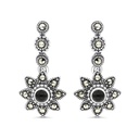 Sterling Silver 925 Earring Embedded With Natural Black Agate And Marcasite Stones