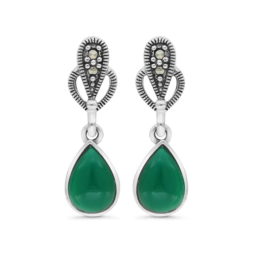[EAR04MAR00GAGA368] Sterling Silver 925 Earring Embedded With Natural Green Agate And Marcasite Stones