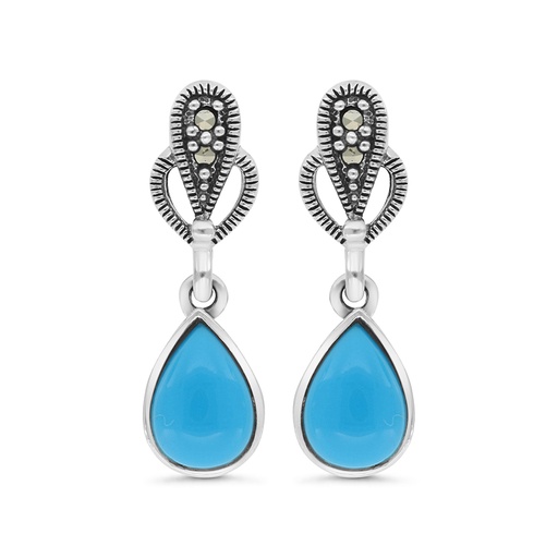 [EAR04MAR00TRQA368] Sterling Silver 925 Earring Embedded With Natural Processed Turquoise And Marcasite Stones