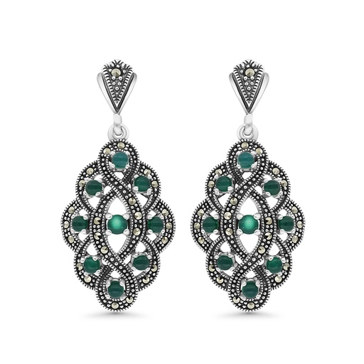 [EAR04MAR00GAGA367] Sterling Silver 925 Earring Embedded With Natural Green Agate And Marcasite Stones