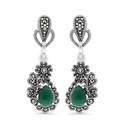 Sterling Silver 925 Earring Embedded With Natural Green Agate And Marcasite Stones