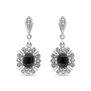 Sterling Silver 925 Earring Embedded With Natural Black Agate And Marcasite Stones