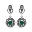 Sterling Silver 925 Earring Embedded With Natural Green Agate And Marcasite Stones