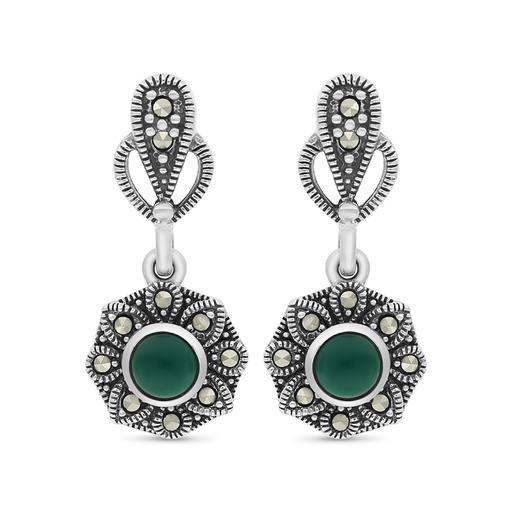 [EAR04MAR00GAGA372] Sterling Silver 925 Earring Embedded With Natural Green Agate And Marcasite Stones