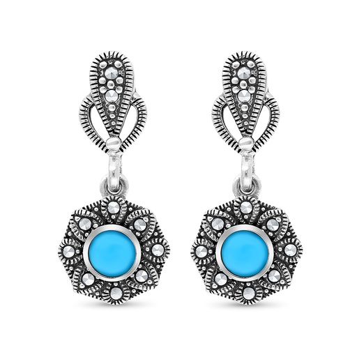 [EAR04MAR00TRQA372] Sterling Silver 925 Earring Embedded With Natural Processed Turquoise And Marcasite Stones