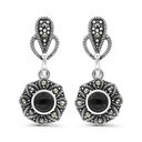 Sterling Silver 925 Earring Embedded With Natural Black Agate And Marcasite Stones