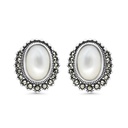 Sterling Silver 925 Earring Embedded With Natural White Shell And Marcasite Stones