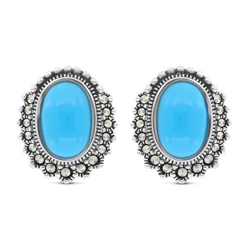 [EAR04MAR00TRQA373] Sterling Silver 925 Earring Embedded With Natural Processed Turquoise And Marcasite Stones