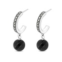 Sterling Silver 925 Earring Embedded With Natural Black Agate And Marcasite Stones