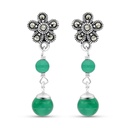 Sterling Silver 925 Earring Embedded With Natural Green Agate And Marcasite Stones