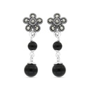 Sterling Silver 925 Earring Embedded With Natural Black Agate And Marcasite Stones