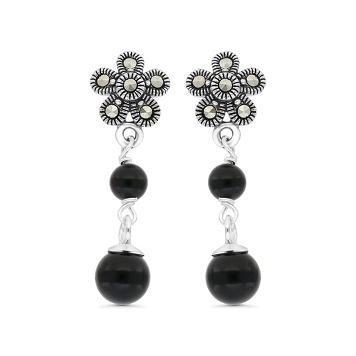 [EAR04MAR00ONXA377] Sterling Silver 925 Earring Embedded With Natural Black Agate And Marcasite Stones