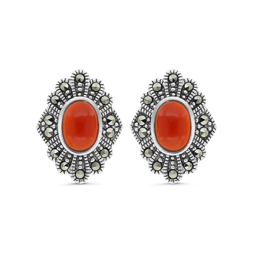 [EAR04MAR00RAGA383] Sterling Silver 925 Earring Embedded With Natural Aqiq And Marcasite Stones