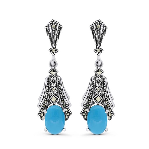 [EAR04MAR00TRQA384] Sterling Silver 925 Earring Embedded With Natural Processed Turquoise And Marcasite Stones