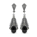 Sterling Silver 925 Earring Embedded With Natural Black Agate And Marcasite Stones