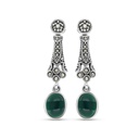 Sterling Silver 925 Earring Embedded With Natural Green Agate And Marcasite Stones