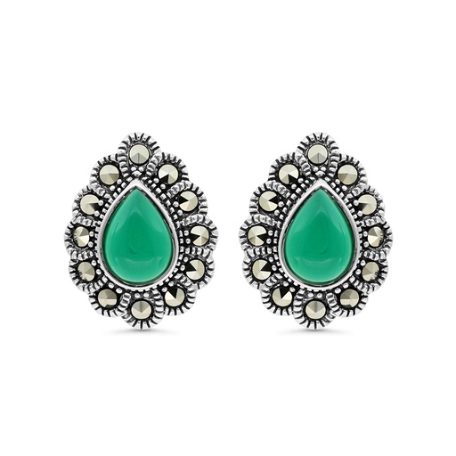 [EAR04MAR00GAGA392] Sterling Silver 925 Earring Embedded With Natural Green Agate And Marcasite Stones