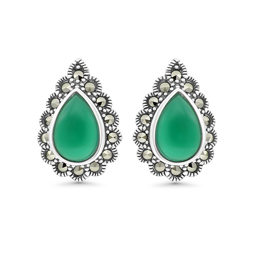[EAR04MAR00GAGA393] Sterling Silver 925 Earring Embedded With Natural Green Agate And Marcasite Stones