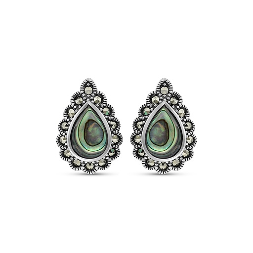 [EAR04MAR00ABAA393] Sterling Silver 925 Earring Embedded With Natural Blue Shell And Marcasite Stones