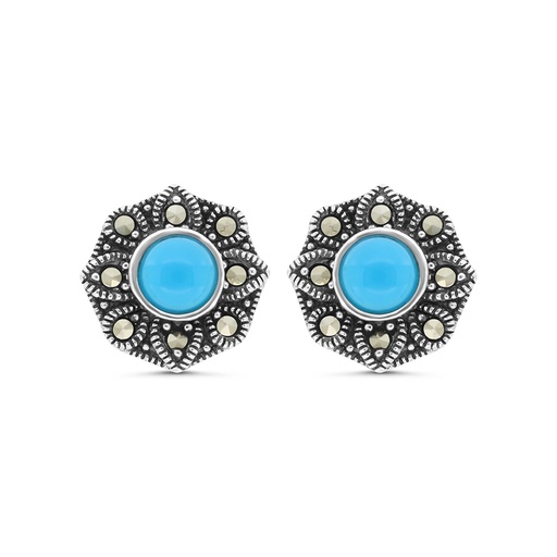 [EAR04MAR00TRQA396] Sterling Silver 925 Earring Embedded With Natural Processed Turquoise And Marcasite Stones