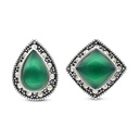 Sterling Silver 925 Earring Embedded With Natural Green Agate And Marcasite Stones