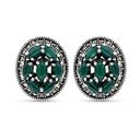 Sterling Silver 925 Earring Embedded With Natural Green Agate And Marcasite Stones