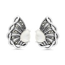 Sterling Silver 925 Earring Embedded With Natural White Shell And Marcasite Stones