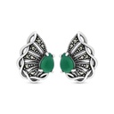 Sterling Silver 925 Earring Embedded With Natural Green Agate And Marcasite Stones