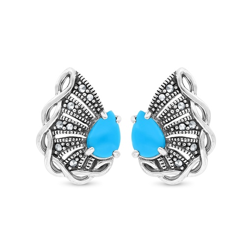 [EAR04MAR00TRQA403] Sterling Silver 925 Earring Embedded With Natural Processed Turquoise And Marcasite Stones