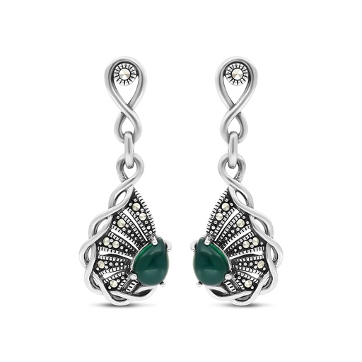 [EAR04MAR00GAGA404] Sterling Silver 925 Earring Embedded With Natural Green Agate And Marcasite Stones