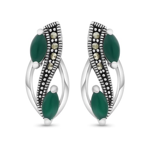 [EAR04MAR00GAGA405] Sterling Silver 925 Earring Embedded With Natural Green Agate And Marcasite Stones