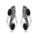 Sterling Silver 925 Earring Embedded With Natural Black Agate And Marcasite Stones