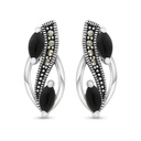 Sterling Silver 925 Earring Embedded With Natural Black Agate And Marcasite Stones