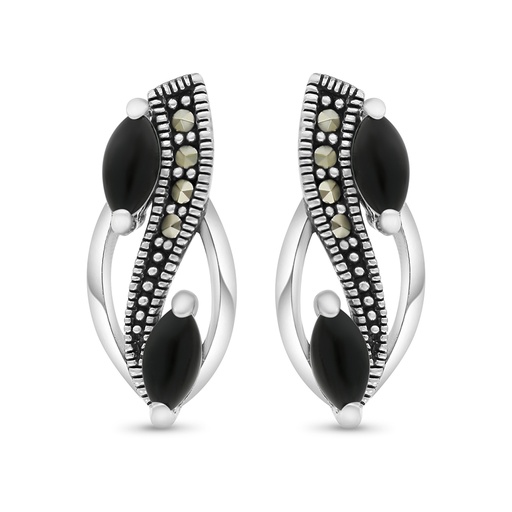 [EAR04MAR00ONXA405] Sterling Silver 925 Earring Embedded With Natural Black Agate And Marcasite Stones