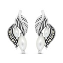 Sterling Silver 925 Earring Embedded With Natural White Shell And Marcasite Stones