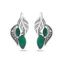 Sterling Silver 925 Earring Embedded With Natural Green Agate And Marcasite Stones