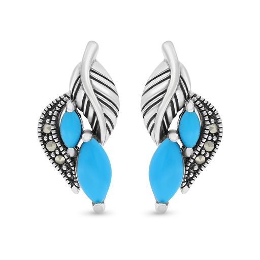 [EAR04MAR00TRQA406] Sterling Silver 925 Earring Embedded With Natural Processed Turquoise And Marcasite Stones