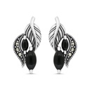 Sterling Silver 925 Earring Embedded With Natural Black Agate And Marcasite Stones